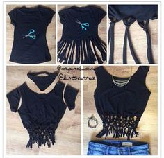 four pictures of different types of clothing with fringes and beads on the top, bottom, and bottom