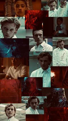 many different images of people in white shirts and red ties, with one man looking at the camera