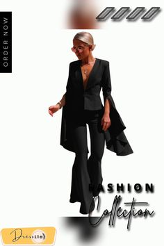 Lapel Irregular Large Swing Sleeve Blazer+flared Pants Work Set Chic Wide Leg Sets For Fall, Fall Party Sets With Wide Leg, Chic Asymmetrical Pants For Party, Chic Sets With Asymmetrical Hem For Spring, Chic Asymmetrical Party Pants, Chic Party Flares With Flared Hem, Chic Flared Party Sets, Fall Night Out Flared Hem Pants, Spring Evening Flare Pants