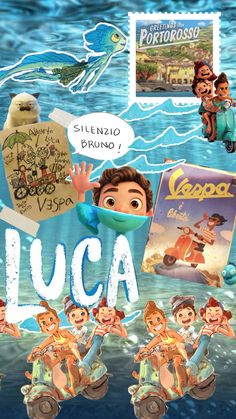 cartoon character collages with captioning from the movie luca and other characters