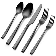 four forks, two spoons and one knife on a white surface with clipping