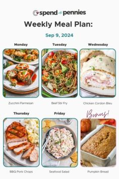 an image of a meal plan with pictures of food and words that say weekly meals