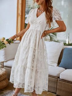 Retro V-Neck High Waist Split Buttons White Dress Size chart of creamy white（polka dot） size table of white Party White Dress, Summer Formal Dresses, Beach Wedding Dress Boho, White Maxi Dress, White Dress Party, Late Spring, White Dress Summer, White Maxi, Vacation Dresses