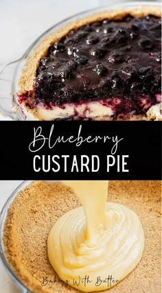 blueberry custard pie is being drizzled with icing on top