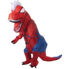 the inflatable dinosaur costume is red and blue