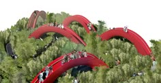 an artist's rendering of a red bridge surrounded by trees and people walking on it