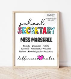 a framed poster with the words school secretary and miss marshall in different languages on it