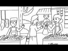 a black and white drawing of people shopping in a market place with food on the counter