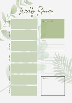 a printable weekly planner with green leaves