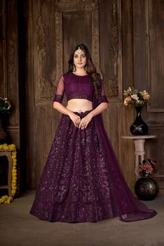 Floral Lehenga Lehenga Purple, Sequins Lehenga, Net Lehenga Choli, Lehenga Choli Designs, Lehenga Choli For Women, Wine Colour, Choli For Women, Net Blouse