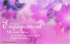 purple flowers with the words on your engagement my warm wishes for a time of joy and togetherness