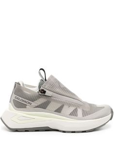 grey/white panelled design mesh design logo print to the side side zip fastening pull-tab at the tongue round toe chunky rubber sole Modern Gray Sneakers With Reflective Details, Modern Gray Sneakers With Vented Sides, Gray Outdoor Sneakers With Translucent Outsole, Modern Gray Sneakers For Outdoor, The Tongue, Versace Outfit, Chanel 2, Sneakers Grey, Summer Beach Wear