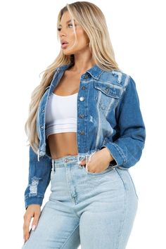 Details-crop denim jacket, Front button closure, Long sleeves, Spread collar, Chest button-flap pockets, front welt pocketsModel size small 5'8" 36-26-38 S: Bust 37, Should 15, length 17.7M: Bust 39, Should 15.7, length 18L: Bust 42, Should 16, length 18.5XL: Bust 44, Should 16.5, length 192X L: Bust 46, Should 17, length 19.5Made In: CHINAFabric Contents: 35%POLYESTER 65%COTTON Style Denim Jacket, Loungewear Outfit, Girls Fall Fashion, Suede Outfit, Leopard Outfits, Burgundy Outfit, Crop Style, Denim Trucker Jacket, Maxi Dress Cocktail