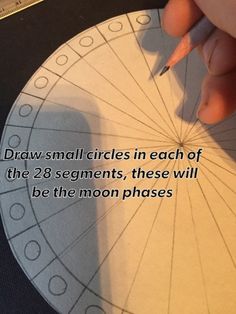 a hand holding a pen over a paper with the words draw small circles in each of the 28 segments, these will be the moon phases