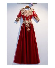 Shop burgundy long tulle formal dress with gold embroidery sleeves online. All instock with free shipping. Pro since 2009. Elegant Red Dress With Gold Embroidery, Gold Tulle Gown For Gala, Gold Tulle Evening Dress For Formal Occasions, Elegant Gold Tulle Gown, Elegant Gold Tulle Evening Dress, Gold Floor-length Evening Dress With Gold Embroidery, Formal Gold Embroidered Gown, Formal Embroidered Gold Gown, Gold Embroidered Gown For Formal Occasions