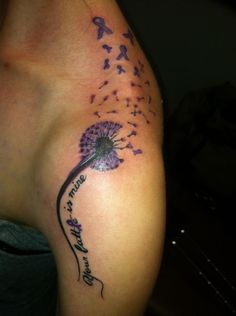 a dandelion tattoo on the left arm with words written below it that says, be brave