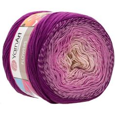 yarn ball in purple and white with the words, yotta flowers on it's side