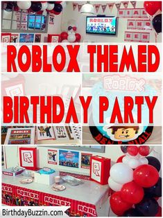 roblox themed birthday party with red and white balloons