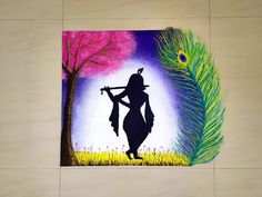 a painting with a peacock feather and a woman holding a flute in front of a tree