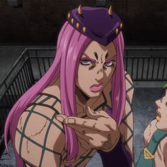 an anime character with pink hair pointing her finger at the camera while another person looks on