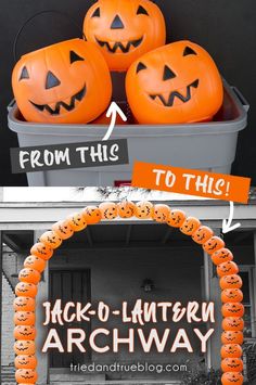 halloween decorations with jack o'lantern pumpkins in the middle and from this to this