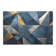 an abstract painting with blue and gold colors