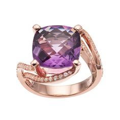 Designed with a cushion-cut genuine amethyst center stone and lab-created white sapphires along the twisted band, this ring provides scintillating style.RING DETAILS Width: 0.45 in. Metal: sterling silver Plating: 14k rose gold Finish: polished Packaging: boxed STONE DETAILS Stone type: amethyst, lab-created white sapphire Total weight: 9 9/10 ct. Center stone weight: 8 7/8 ct. Center stone size: 13 mm Shape: cushion cut, round Setting: prong Gemstones may have been treated to enhance their appe Luxury Amethyst Cushion Cut Ring For Formal Occasions, Luxury Amethyst Cushion Cut Ring For Formal Events, Luxury Cushion Cut Amethyst Ring For Formal Occasions, Luxury Purple Cushion Cut Jewelry, Luxury Cushion Cut Amethyst Ring For Anniversary, Elegant Cushion Cut Amethyst Ring With Accent Stones, Elegant Purple Cushion Cut Amethyst Ring, Elegant Cushion Cut Amethyst Ring, Elegant Amethyst Cushion Cut Rings