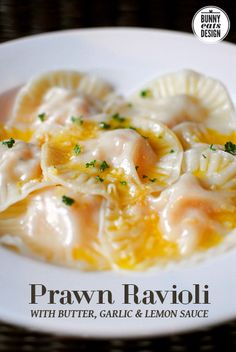 a plate of ravioli with butter, garlic and lemon sauce is shown in this advertisement