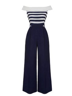 Dark Blue 1930s Stripe Off-Shoulder Jumpsuit Cute Jumpsuits Classy, 1930s American Fashion, 1930s Outfits For Women, Jumpsuit Outfit Aesthetic, 1930s Fashion Women Casual, Cruise Attire For Women, Nautical Outfit Women, 1930 Clothes, 40s Costume