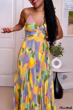 Olivia Mark - Strappy Back Printed Maxi Dresses for an Elegant Look Backless Long Dress, Strapless Dresses, Sling Dress, Tailored Design, Maxi Dresses Casual, Yellow Dress, Dresses Casual, Pleated Dress, Elegant Dresses