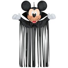 a mickey mouse costume hanging from the ceiling with long fringes on it's head