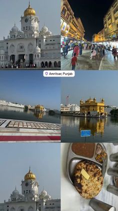 four different pictures with people walking around and eating food in front of the buildings on the other side