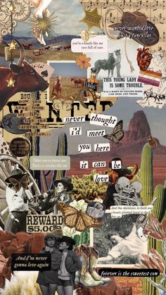 a collage of various images with words and pictures on them, including an image of a man standing in front of a cactus