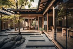 an outdoor area with rocks and trees in the foreground, surrounded by glass doors