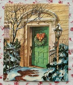 a painting of a green door with a wreath hanging on it's front entrance