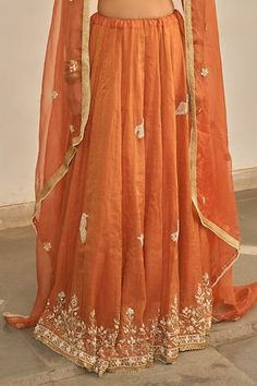 Orange lehenga featuring zardozi embroidered floral and bird motifs. Paired with matching blouse and gota lace embellished dupatta., Fit: Relaxed Orange Lehenga, Bird Motif, Set For Women, Aza Fashion, Lehenga, Orange, Lace, For Women, Floral