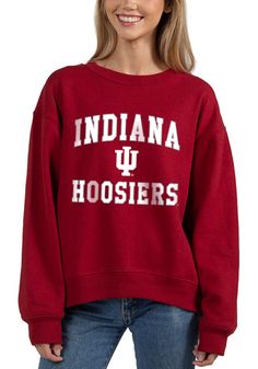 Make your way to the big game in this Indiana HoosiersWomens Crimson Old School Crew Sweatshirt! This Hoosiers Long Sleeve Sweatshirt features a screen print team name and logo on center chest. Stay warm and comfortable with this Womens Indiana Hoosiers Crew Sweatshirt. Long sleeve, Crew neck, Finished hem, High low bottom hem, 60% COTTON / 40% POLYESTER, 4 Collegiate Fall Top For Campus, University Red Sweatshirt For College In Fall, University Red Tops For Fall, Collegiate University Red Tops For Fall, University Red Varsity Top For Fall, University Red Collegiate Top For Fall, University Red Cotton Top For Fall, Indiana Hoosiers, Team Name