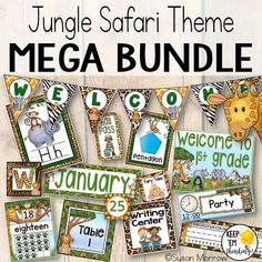 the jungle safari theme mega bundle is shown with its name and pictures, including animals