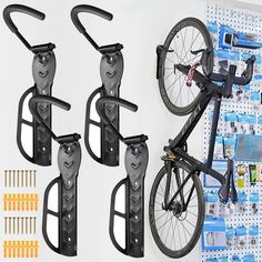 three bike racks are attached to the wall with hooks and clips on each one side