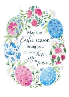 an easter card with flowers and eggs