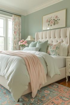 a bedroom with blue walls and pink flowers on the headboard, along with a white bed