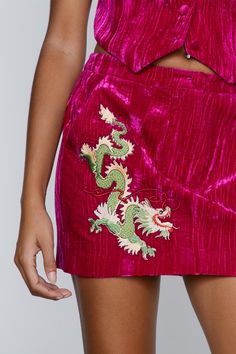 Vinyl Skirt, Vinyl Skirting, Velvet Mini Skirt, Embroidered Velvet, Smooth Operator, Nice Dresses, Mini Skirt, Mid Rise, Hot Pink