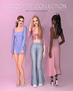 three female mannequins standing in front of a pink background with the caption coquette collection