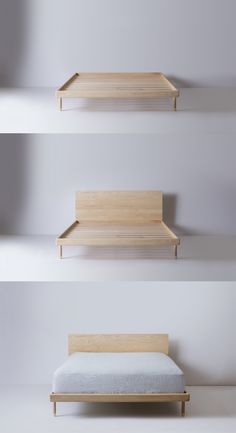 three shelves that have different types of furniture on each shelf, one with a bed and the other without