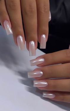 Haley Bieber Nails Square, Prom Square Nails, Classy Tapered Square Nails, Ring Ceremony Nails, Formal Acrylic Nails, Clean Nails Acrylic, Mid Length Square Nails, Nude Chrome Nails Square, Pearlized Nails