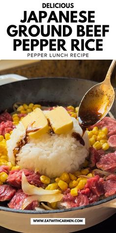 delicious japanese ground beef and pepper rice in a skillet with corn on the side