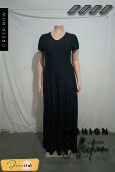 Casual V-neck Solid Short Sleeve Plus Size Dresses Black Plain V-neck Dress, Fall V-neck Solid Color Maxi Dress, Plain V-neck Fall Dress, Fall V-neck Plain Dress, Plain V-neck Dress For Fall, Fall Plain V-neck Dress, Elegant Plain V-neck Dress, Chic Plain V-neck Dresses, Spring V-neck Plain Dress