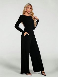 Negro Casual Collar   Liso  Embellished Elástico Alto Solid Color Stretch Sets With Crew Neck, Solid Color Stretch Crew Neck Sets, Casual Long Sleeve Plain Sets, Fitted Crew Neck Set For Fall, Casual Stretch Plain Sets, Casual Plain Stretch Sets, Casual Solid Long Sleeve Jumpsuits And Rompers, Casual Long Sleeve Solid Jumpsuits And Rompers, Casual Long Sleeve Jumpsuits And Rompers