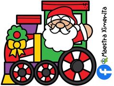 a santa clause is riding on a train with presents in his hand and the words merry christmas written below it