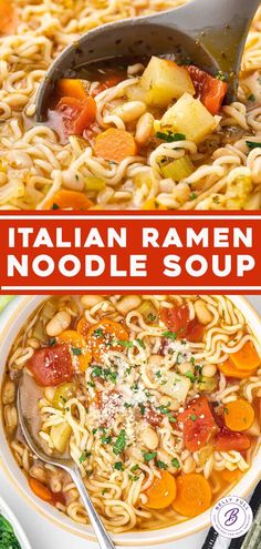 italian ramen noodle soup in a white bowl with a ladle and spoon